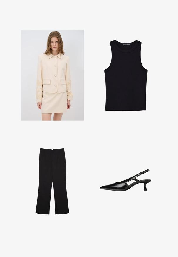 Beige räätälöity takki, jossa on kauluksellinen kaula, viisi nappia ja kukkakirjonta hihoissa; yhdistettynä matchaavaan beigeen hameeseen.; Musta hihaton paita, joka on valmistettu puuvillasta, ja jossa on pyöreä kaula-aukko sekä leveät kainaloaukot. Silkkinen pinta ja ommellut reunat. Klassinen, minimalistinen muotoilu.; Mustat housut suoralinjaisella leikkauksella, joissa on etutaskut ja sivurei'ät helman alla. Valmistettu pehmeästä ja sileästä kankaasta. Sopii eri tilaisuuksiin.; Mustat lakatut nahkakengät, joissa on viistopää, leikattu sivusuunnassa ja pieni neliökoroke. Sujuva pinta, jossa on minimaalinen koristelu.