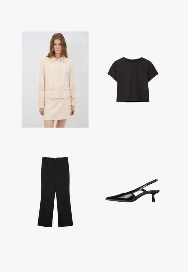 Beige räätälöity takki, jossa on kauluksellinen kaula, viisi nappia ja kukkakirjonta hihoissa; yhdistettynä matchaavaan beigeen hameeseen.; Musta lyhythihainen crop-top pehmeästä kankaasta, jossa on pyöreä kaula-aukko ja rento istuvuus siistillä helmalla.; Mustat housut suoralinjaisella leikkauksella, joissa on etutaskut ja sivurei'ät helman alla. Valmistettu pehmeästä ja sileästä kankaasta. Sopii eri tilaisuuksiin.; Mustat lakatut nahkakengät, joissa on viistopää, leikattu sivusuunnassa ja pieni neliökoroke. Sujuva pinta, jossa on minimaalinen koristelu.