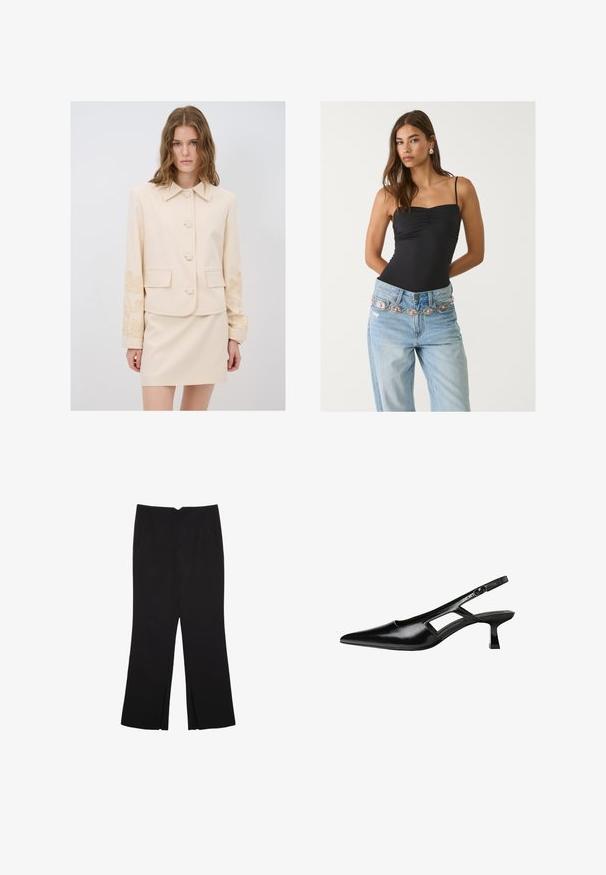 Beige skræddersyet jakke med krave, fem knapper og blomstermønster på ærmerne; parret med enMatchende beige nederdel.; Sort tætsiddende bodysuit med firkantet udskæring, parret med lyseblå jeans der har et dekorativt sølv- og pinkbælte.; Sorte bukser med lige pasform, der har frontlommer og slidser i kanten. Lavet af blødt, glat stof. Velegnet til forskellige anledninger.; Sorte patentlæder slingback hæle med spids tå, udskåret sideskærm og en lille firkantet hæl. Glat tekstur med minimale detaljer.