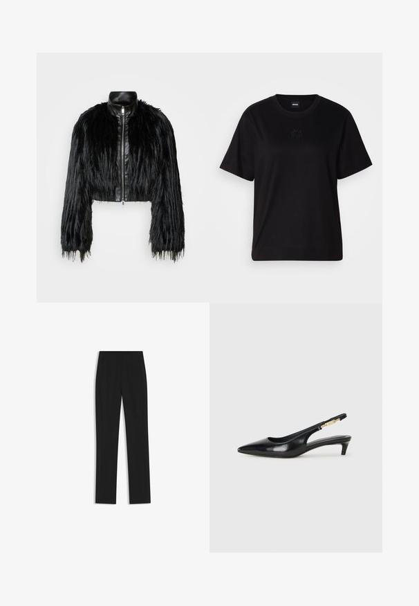 Black cropped jacket combining long faux fur sleeves with a black leather collar and front zipper, featuring a textured, shaggy finish.; Black cotton t-shirt with a crew neckline, short sleeves, and an embroidered logo on the chest. Simple, relaxed fit with no patterns.; Black tailored trousers with a straight-leg design, featuring front pockets and a smooth, textured fabric. Neat, minimal detailing.; Black leather slingback heels with a pointed toe, featuring a slim heel and a gold-tone accent on the adjustable strap. Smooth texture.