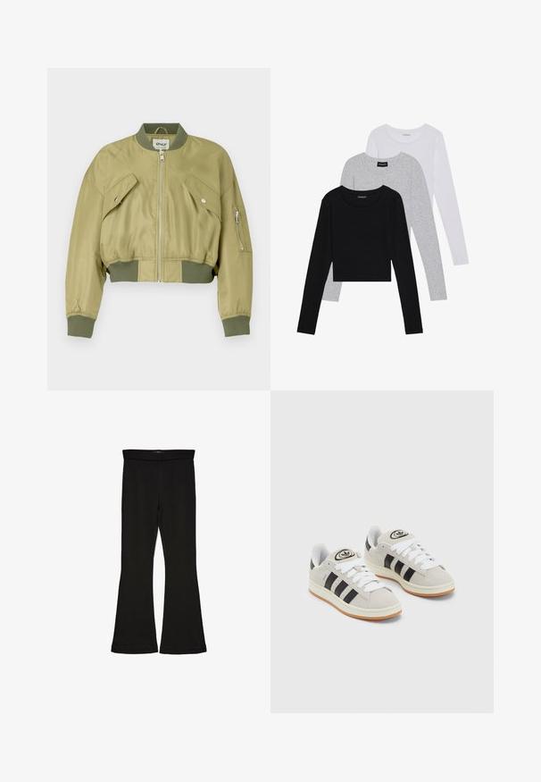 Geknipte bomberjack in olijfgroen, gemaakt van glad nylon met ribgebreide manchetten en zoom. Beschikt over twee schuine frontzakken en een ritszak op de mouw.; Drie langmouwige tops gestapeld: zwart, grijs en wit. Elke top heeft een ronde halslijn en een cropped ontwerp van soepel, lichtgewicht materiaal.; Zwarte flare leggings gemaakt van rekbaar materiaal. Beschikt over een brede tailleband en een zachte textuur, met een getailleerd silhouet dat uitloopt bij de zoom.; Grijze nubucklederen sneakers met witte veters, zwarte strepen en een witte rubberen zool. Bevat een rond logo op de tong en een gumzool.
