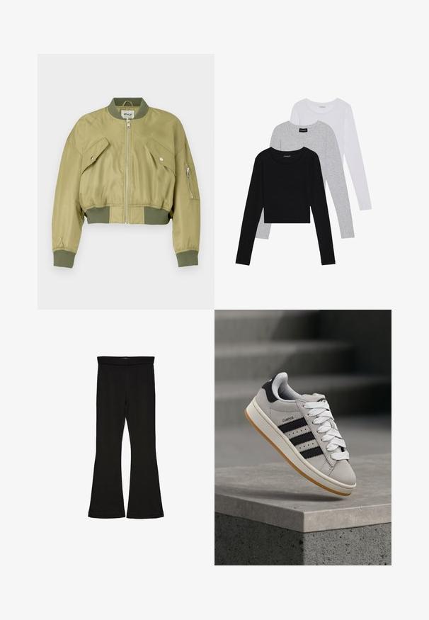 Afskåret bomberjakke i olivengrøn, lavet af glat nylon med ribstrikkede manchetter og kant. Har to skrå frontlommer og en lynlåslomme på ærmet.; Tre langærmede toppe stablet: sort, grå og hvid. Hver har en rund halsudskæring og et cropped design med glat, let stof.; Sorte flared leggings lavet af strækbart stof. Har en bred talje og en glat tekstur, med en tætsiddende silhuet der bredder sig ved sømmen.; Grå Adidas Campus-sneaker med sorte striber og hvide snørebånd, der svæver over en betonkant med trapper i baggrunden.