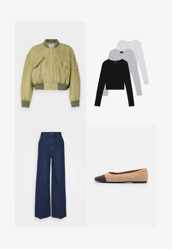 Jachetă bomber scurtă, de culoare verde măsliniu, realizată din nailon neted, cu manșete și tiv din tricot. Prezintă două buzunare frontale înclinate și un buzunar cu fermoar pe mânecă.; Trei bluze cu mânecă lungă așezate: neagră, gri și albă. Fiecare are un guler rotund și un design scurt, realizat dintr-un material fin și ușor.; Blugi din denim întunecat, cu talie înaltă și picioare largi, cu buzunare laterale și pe spate, închidere cu buton și detalii vizibile de cusătură.; Baletă din suede bej cu vârf rotund din piele neagră, toc jos și textură netedă, având cusături minime și un design curat.