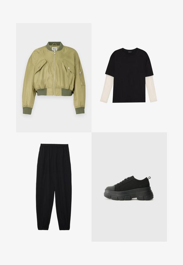 Apmušti bomberio tipo švarkas alyvų žalia spalva, pagamintas iš lygios nailono medžiagos su raukšlėmis ant rankovių ir apačios. Yra dvi kampu išdėstytos priekinės kišenės ir užtrauktuku uždaroma kišenė ant rankovės.; Juodas medvilninis marškinėliai su trumpomis rankovėmis, virš baltos ilgo rankovio sluoksnio, turinčio subtilų tekstūrinį raštą. Apvalus iškirpimas.; Juodi, lengvi kelnių su elastinga juosmens juosta ir surinktais kulkšniais. Audinys yra lygus ir turi atsipalaidavusį, siaurėjantį dizainą.; Juodos sportinės bateliai su stambiu guminiais padu, tekstūrizuotu audinio viršumi, apvaliu pirštu ir raištelių uždarymu. Yra sutvirtinti akių angos ir nugaros kilputė.