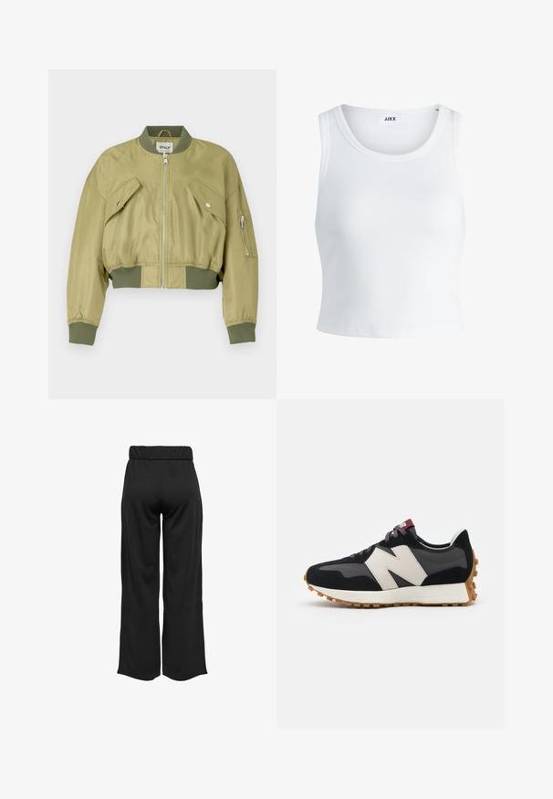 Skraćena bomber jakna u maslinasto zelenoj boji, izrađena od glatkog najlona sa rebrastim manžetama i donjim rubom. Ima dva koso postavljena prednja džepa i džep na rukavu sa zatvaračem.; Bijela rebrasta majica bez rukava s okruglim izrezom i skraćenom dužinom. Na etiketi piše "JJXX." Glatka tekstura tkanine.; Crne hlače širokih nogavica s elastičnom waistbandom, izrađene od glatkog materijala. Imaju jednostavan dizajn bez džepova ili vidljivih šavova.; Crne i sive suede tenisice s velikim kremastim logom "N", ljubičastim pertlama i teksturiranim gumiranim potplatom.