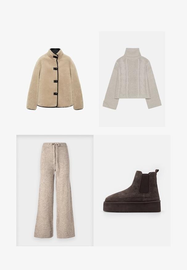 Béžová umelá kožušina bunda s vysokým golierom, čiernymi detailmi a štyrmi čiernymi gombíkmi. Má boxy tvar a mäkký, štruktúrovaný povrch.; Zastrihnutý svetlý sivý pletený sveter s vysokým golierom a rebrovanými manžetami, so štruktúrovanými káblovými vzormi na chrbte a po stranách.; Bežové široké nohavice vyrobené z textúrovaného pleteného materiálu, s pásom na šnúrku a voľným strihom.; Hnedé semišové Chelsea topánky s elastickými bočnými panelmi a hrubou, štruktúrovanou platformou. Obsahujú pútko na päte pre jednoduché obúvanie.