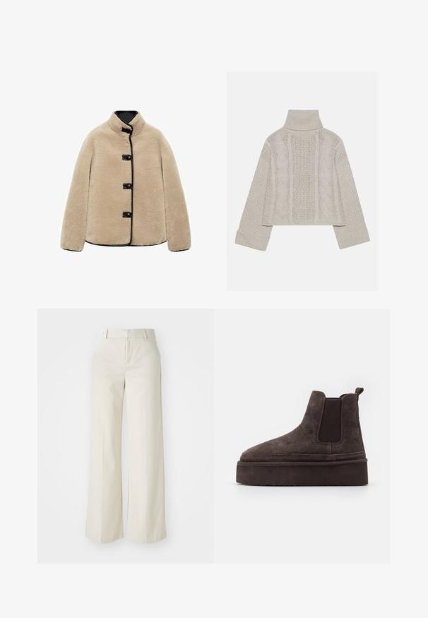 Bež jakna od umjetnog krzna s visokim ovratnikom, crnim obrubom i četiri crna gumba. Ima kutni oblik i mekanu, teksturiranu površinu.; Skraćeni, svijetlosivi pleteni pulover s visokim ovratnikom i rebrastim manžetama, sa teksturiranim cables uzorak na leđima i stranama.; Hlače širokih nogavica u svijetloj bež boji, izrađene od glatke tkanine. Imaju klasičnu elastičnu traku u struku i ravni prednji dio s čistim linijama.; Smeđe nubuk Chelsea čizme s elastičnim bočnim panelima i debelim, teksturiranim potplatima. Imaju traku za povlačenje na peti radi lakšeg obuvanja.