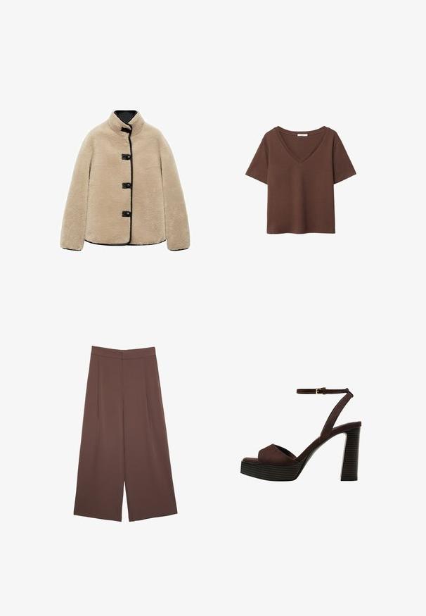 Beige Kunstfelljacke mit hohem Kragen, schwarzem Besatz und vier schwarzen Knöpfen. Sie hat eine kastige Form und eine weiche, strukturierte Oberfläche.; Braunes Baumwoll-T-Shirt mit kurzen Ärmeln und tiefem V-Ausschnitt. Einfaches Design, weiche Textur und gerade Saumlinie. Keine Muster oder Akzente.; Braune Weite-Leg-Hosen mit einer glatten Textur, hoher Taille und Vorderfalten. Der Stoff ist leicht und fällt locker.; Braune Wildleder-Pumps mit offenem Zeh, verstellbarem Knöchelriemen und gestreiftem Plateausohlen.
