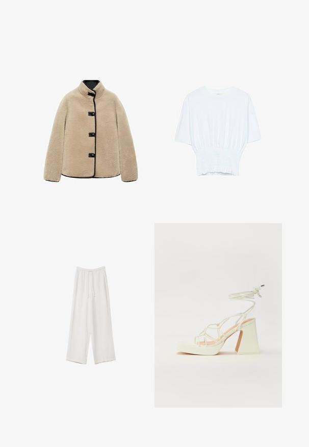 Beige tekoku turkki, jossa on korkea kaula-aukko, mustat reunat ja neljä mustaa nappia. Mukana laatikkomainen malli ja pehmeä, teksturoitu pinta.; Valkoinen lyhythihainen t-paita, jossa on rento leikkaus ja frillattu tekstuuri vyötäröllä. Valmistettu pehmeästä, kevyestä kankaasta.; Valkoiset leveälahkeiset housut kevyestä kankaasta. Ominaisuuksiin kuuluu elastinen vyötärö, jossa on nauhakuuluma ja sivutaskut. Sileä rakenne.; Valkoinen korkokenkä, jossa on paksu korko, ja joka sisältää nauhakiinnityksen ja nilkkaketjun. Sujuva pinta, jossa on platform-etupohja lisäkorkeutta varten.