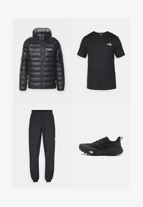 Jachetă puffer neagră cu fermoar în față, glugă, textură matlasată și logo Columbia pe piept. Captusită cu un material contrastant cu un model.; Tricou scurt din bumbac, de culoare neagră, cu guler rotund și un mic logo alb în partea de sus a pieptului stâng.; Pantaloni atletici negri, confecționați dintr-un material ușor, cu un tiv elastic la talie, buzunare laterale și tivuri ajustate la gleznă.; Pantofii de alergare pe teren accidentat, de culoare neagră, cu un superior texturat, talpă din cauciuc și vârf întărit. Prezintă un guler căptușit și o bandă de prindere pentru îmbrăcare ușoară.