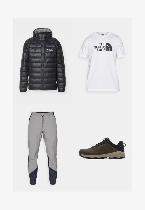 Zwarte pufferjack met een ritssluiting aan de voorkant, capuchon, gegarneerde textuur en het Columbia-logo op de borst. Gevoerd met een contrasterend patroonmateriaal.; Witte katoenen t-shirt met een zwart graphic print met tekst en een gebogen logo-ontwerp. Ronde halslijn en korte mouwen. Effen textuur.; Lichte, grijze sportbroek met zwarte accenten. Elastische tailleband, trekkoordsluiting, taps toelopend ontwerp en zijzakken.; Bruine waterdichte sneakers met een gestructureerde bovenkant, geperforeerde accenten, zwarte hielsteun en een grijze rubberen zool. De veters zijn voorzien van metalen uiteinden.