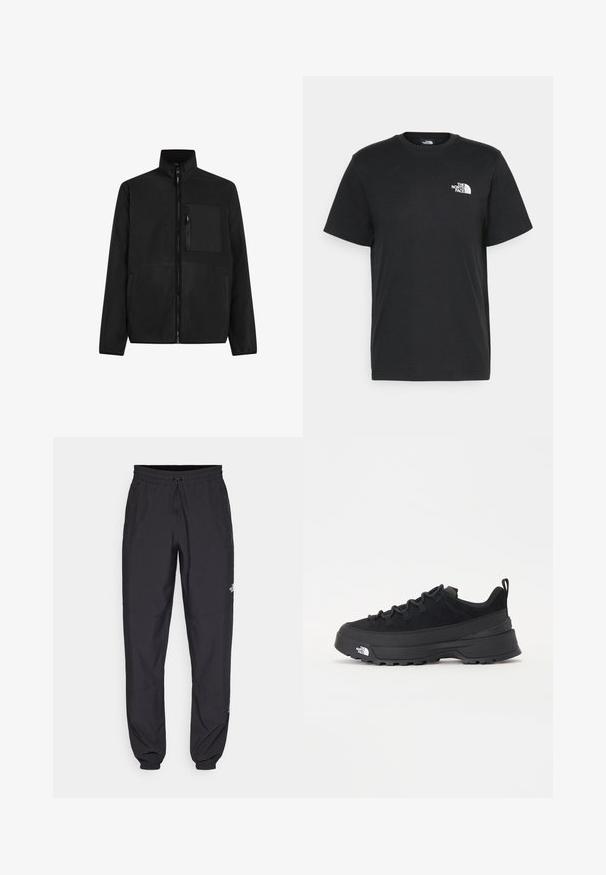 Black fleece jacket with a high collar, full front zipper, and two side pockets. Features a zippered chest pocket and smooth texture.; Black cotton t-shirt with short sleeves, crew neck, and a small white logo on the left chest. Simple design, smooth texture, and relaxed fit.; Black athletic pants made from lightweight fabric, featuring a drawstring waistband, side pockets, and tapered cuffs at the ankles.; Black outdoor sneaker with a suede upper, textured rubber sole, and sturdy lacing system. Features a reinforced heel and brand logo on the side.