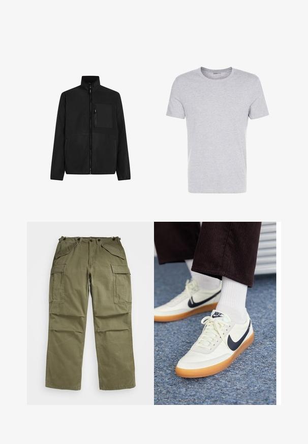 Juodos vilnonės striukės su aukštu apykaklės, pilnu priekiu užtrauktuku ir dviem šoninėmis kišenėmis. Versti užtrauktuku krūtinės kišenę ir lygų paviršių.; Pilkas medvilnės t-shirt'as su apvalia apykakle, trumpomis rankovėmis ir vientisu dizainu, pasižymintis švelnia, lygiąja tekstūra be matomų raštų ar puošmenų.; Olivinės žalios spalvos cargo kelnės, pagamintos iš tekstūruoto audinio, turinčios daugybę priekinių ir šoninių kišenių bei sustiprintą siūlių siuvimą.; Nike sportbačiai iš baltos odos su tamsiai mėlynu ženkleliu, turintys guminį kreidos pado ir baltus raiščius, derinami su baltomis kojinėmis iki blauzdų ir tamsiomis aksominėmis kelnėmis.