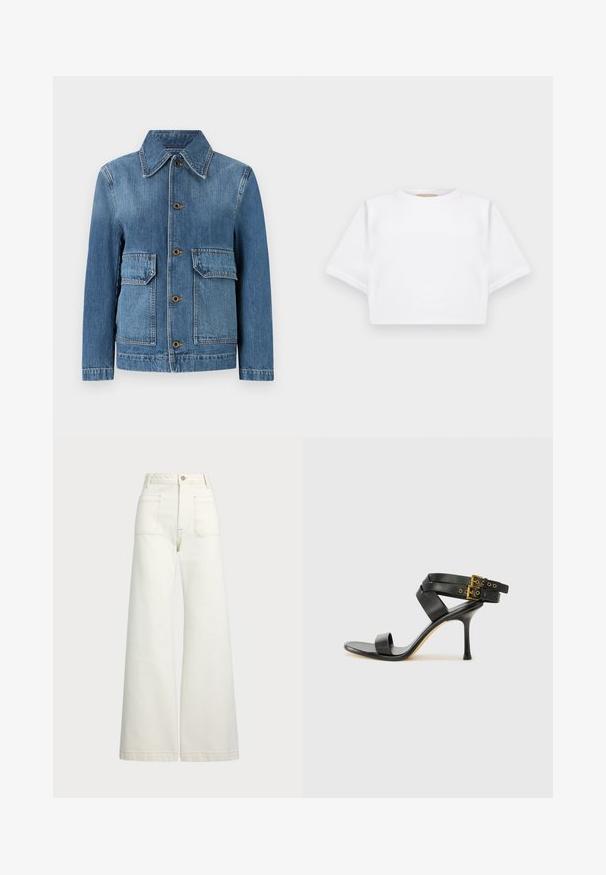 Tiger of Sweden LOANNA - Džinsinis švarkelis - medium blue; Trumpas baltas marškinėliai iš minkštos medžiagos, su trumpomis rankovėmis, apvaliu iškirpimu ir raukšlėtais hemų detalėmis. Paprastas ir be puošmenų dizainas.; Plati kojinės džinsai of white denimo. Aukštas liemuo, su mygtuko uždarymu, dviem priekinėmis kišenėmis ir kontrastingai siuvinėjimu.; Juodi kulniškų sandalai su kryžminėmis juostelėmis ir reguliuojamu sagtimi. Ypatybė – lygus paviršius ir siauras smailas kulnas.