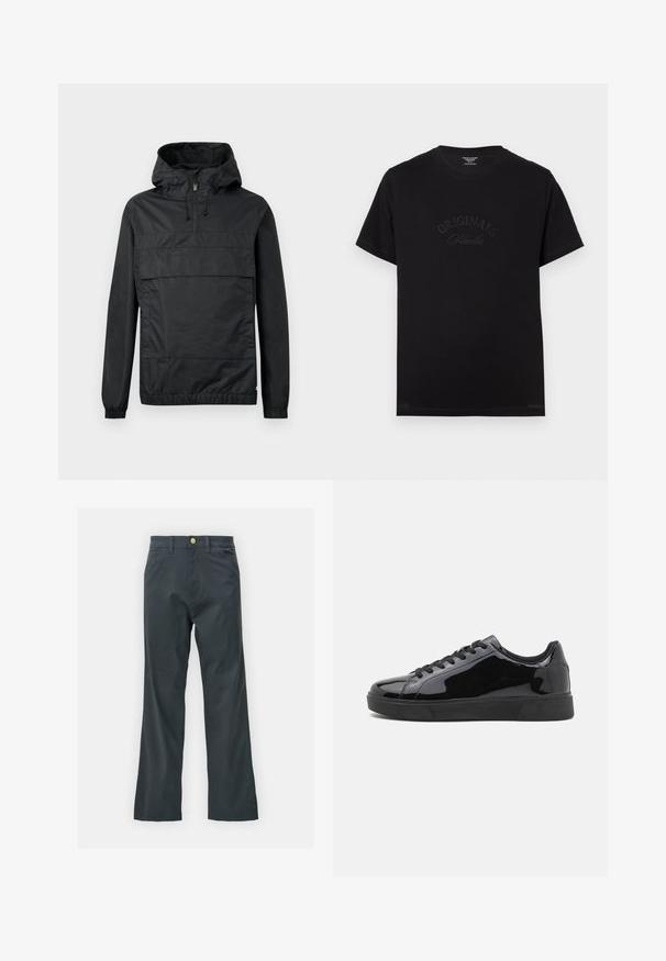 Crni pulover jakna s kapuljačom, elastičnim manžetama, prednjim džepom i polu-zip zatvaranjem. Izrađena od laganog, vodootpornog materijala.; Crna pamučna majica s kratkim rukavima i okruglim izrezom. Na prednjoj strani se ističe natpis "ORIGINALS Studio" u toniranim slovima.; Crne hlače s ravnim krojem, napravljene od tkanine s pamukom. Imaju metalnu dugmad za zatvaranje i bočne džepove. Nema vidljivih uzoraka.; Crne patike od lakirane kože s okruglim prstima, ravnim gumiranim potplatima i crnim vezicama. Glatka, sjajna tekstura na gornjoj površini.