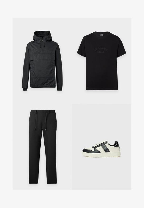 Juodas megztinis su gobtuvu, elastingomis rankovėmis, priekinėmis kišenėmis ir pusiau užtrauktuku. Pagamintas iš lengvos, vandeniui atsparios medžiagos.; Juodas medvilninis marškinėliai su trumpomis rankovėmis ir apvaliu iškirpimu. Priekyje turi įspaustą tekstą "ORIGINALS Studio" toninėmis raidelėmis.; Juodos kelnės siauru kirpimu, pagamintos iš minkštos medžiagos, su raišteliu ant juosmens, šoninėmis kišenėmis ir lygiu paviršiumi.; Odiniai sportbačiai juodos ir kreminės spalvų schemoje, su perforuotais akcentais, paminkštinta apykakle ir tekstūruotu padu.