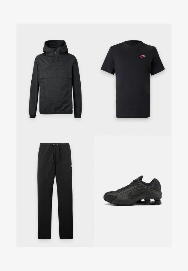 Casaco pullover preto com capuz, punhos elásticos, um bolso frontal e fecho de meio zíper. Feito de material leve e resistente à água.; T-shirt de algodão preto com decote redondo e mangas curtas. Apresenta um logótipo da Nike rosa no lado superior esquerdo. Textura suave.; Calças de fato de treino pretas feitas de polar, com uma cintura elástica e cordões, dois bolsos frontais e um pequeno logótipo na coxa.; Ténis de corrida pretos com um upper sintético suave, acentos perfurados, painéis laterais texturizados e uma sola distinta e elástica.