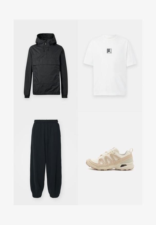 Black pullover jacket featuring a hood, elastic cuffs, a front pocket, and a half-zip closure. Made of lightweight, water-resistant material.; White cotton t-shirt featuring a central black and gray logo graphic. Classic crew neckline and short sleeves with a relaxed fit.; Black, elasticated-waist sweatpants with a loose fit, cuffed ankles, smooth texture, and no visible patterns or hardware accents.; Beige and cream athletic shoe with textured mesh upper, supportive overlays, and rubber outsole featuring a tread pattern for traction.