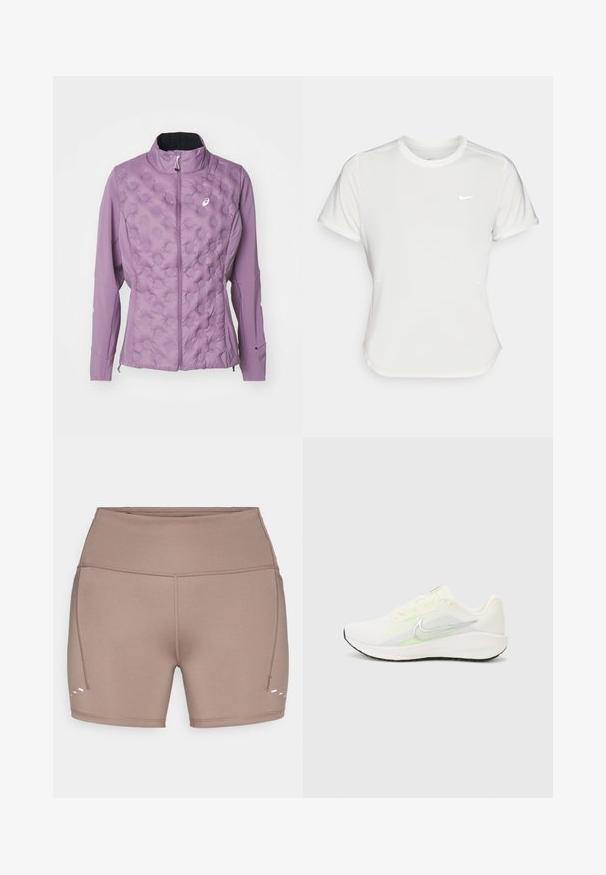Lys lilla jakke med kviltet front og hevede prikkemønster, høy krage og glidelås lukking. Laget av mykt, stretchbart materiale.; Nike T-skjorte i hvit, kortermet, rund hals, laget av et glatt og lett materiale. Har en subtil logo på brystet.; Brune, stretchy treningsshorts med høy midje, sømmer i sidene og tre hvite detaljer nær nederkanten.; Nike Performance DOWNSHIFTER 13 - Løpesko for vei - sail/silver-coloured photon dust/summit white/barely volt/black