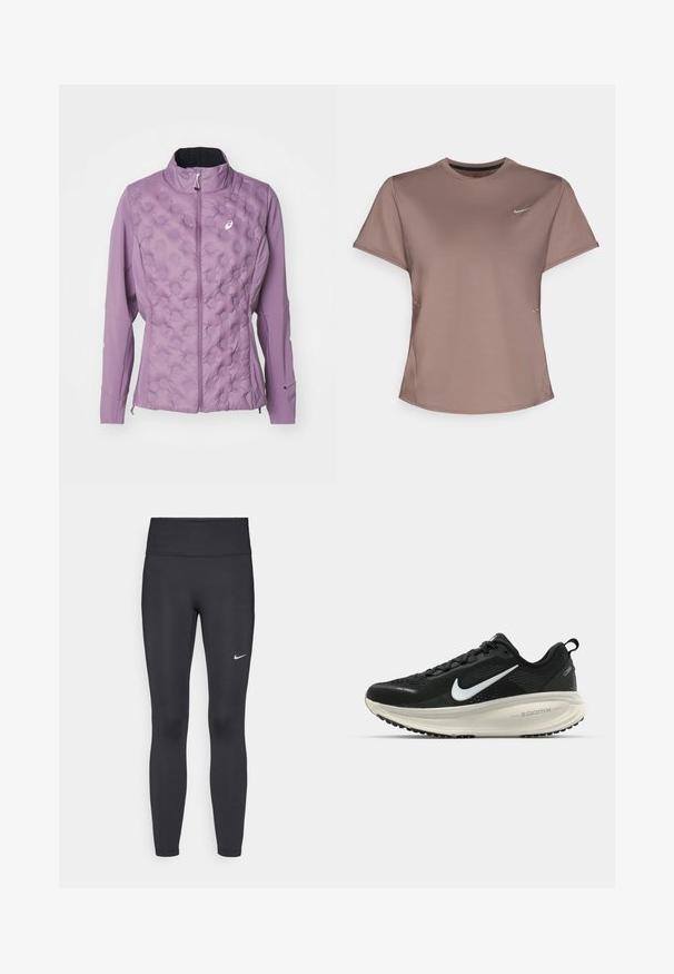Giacca lilla chiaro con anteriore trapuntato e motivi a punti in rilievo, colletto alto e chiusura con zip. Realizzata in materiale morbido e elasticizzato.; Maglietta atletica marrone con colletto rotondo, maniche corte e dettagli con fessure laterali sottili. Presenta un piccolo logo riflettente Nike sul petto.; Leggings neri realizzati in tessuto elasticizzato, con una vita alta e un logo Nike bianco sulla coscia sinistra. Tessuto liscio, design aderente.; Scarpa da corsa nera Nike con tomaia in rete traspirante, logo Swoosh bianco, dettagli testurizzati e intersuola ZoomX di colore crema.