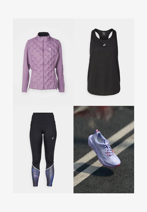 Light purple jacket featuring a quilted front with raised dot patterns, a high collar, and zipper closure. Made from soft, stretchable material.; Black athletic tank top made of lightweight fabric. Features a round neckline, racerback design, and a small white logo on the front.; High-waisted black leggings with a fitted design, featuring a colorful patterned accent at the lower legs and white trim along the seams.; Light purple running shoe with a textured upper, pink accents, a round lacing mechanism, and a speckled sole, elevated above a pavement background.