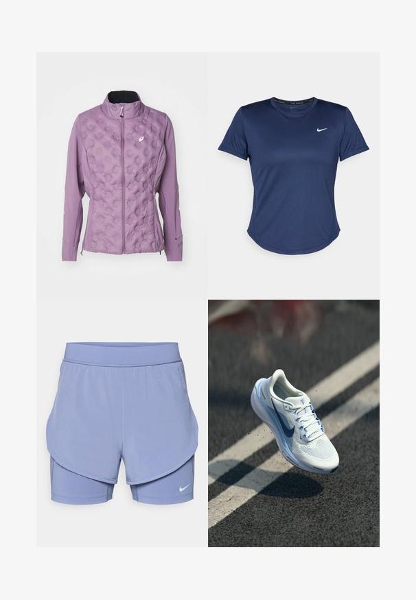 Light purple jacket featuring a quilted front with raised dot patterns, a high collar, and zipper closure. Made from soft, stretchable material.; Navy blue athletic T-shirt with short sleeves, round neckline, and Nike logo on the chest. Made from smooth, lightweight fabric.; Nike shorts in light purple, featuring a layered design with an inner fitted liner and outer loose fit. Elastic waistband for comfort.; White athletic shoe with breathable mesh upper and blue accents. Features a cushioned sole and flat laces. Midsole displays "Air Zoom" branding.