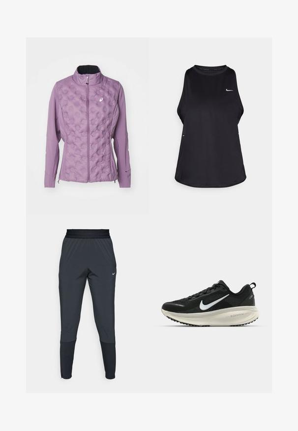 Light purple jacket featuring a quilted front with raised dot patterns, a high collar, and zipper closure. Made from soft, stretchable material.; Black sleeveless running tank top made of lightweight material with a round neck; features a subtle logo and side slits for breathability.; Nike athletic pants in dark gray, featuring a tapered leg design, elastic waistband, and accent details near the cuffs.; Black Nike running shoe with breathable mesh upper, white swoosh logo, textured detailing, and a cream-colored ZoomX midsole.