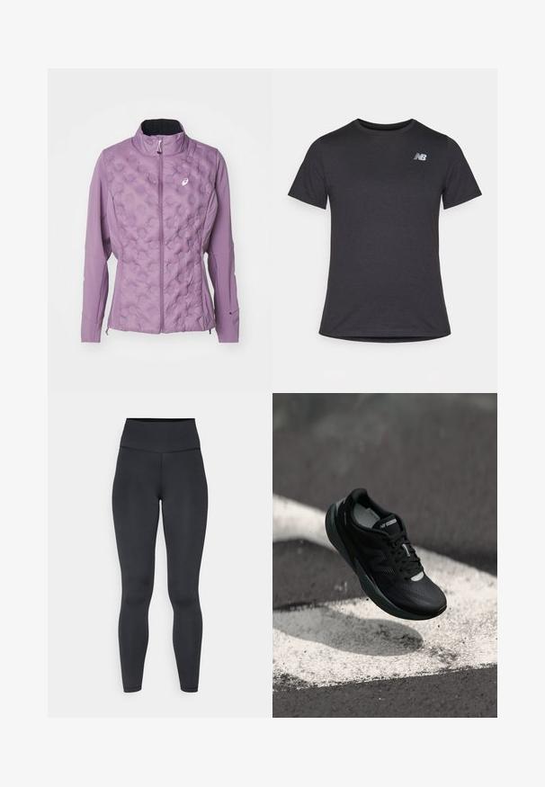 Light purple jacket featuring a quilted front with raised dot patterns, a high collar, and zipper closure. Made from soft, stretchable material.; Black short-sleeve t-shirt made of soft fabric, featuring a small gray New Balance logo on the upper left chest, classic crew neck design.; High-waisted black leggings made of stretchy material, featuring a smooth texture and close-fitting design, with minimal stitching details.; Black running shoe with a textured upper, sleek design, and reflective accents. Features a soft, cushioned sole for comfort.