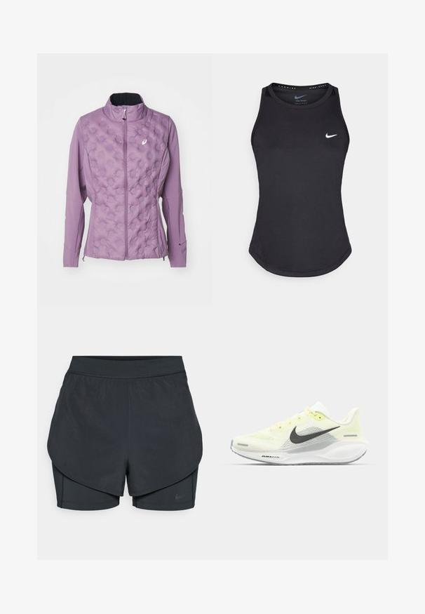Chaqueta de color púrpura claro con un frente acolchado que presenta patrones de puntos elevados, un cuello alto y cierre de cremallera. Está hecha de un material suave y elástico.; Camiseta sin mangas negra de deporte hecha de material que absorbe la humedad. Presenta un escote redondo, un corte ajustado y el logotipo blanco de Nike en el pecho.; Pantalones cortos deportivos negros con un diseño en capas, que cuentan con una capa exterior suave y pantalones cortos interiores ajustados. Fabricados con una tela ligera y elástica.; Zapatillas de correr Nike con una parte superior de malla en amarillo claro y blanco, detalles en gris y una suela de goma flexible. Cuenta con un cierre de cordones.