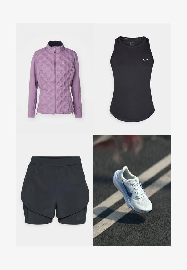 Svetlofialová bunda s prešívaným predným dielom s vyvýšenými bodkovanými vzormi, vysokým golierom a zipsovým uzatváraním. Vyrobená z mäkkého, elastického materiálu.; Čierny športový top bez rukávov vyrobený z materiálu odvádzajúceho vlhkosť. Má okrúhly výstrih, priliehavý strih a biele logo Nike na hrudi.; Čierne športové šortky s vrstveným dizajnom, s hladkou vonkajšou vrstvou a priliehavými vnútornými šortkami. Vyrobené z ľahkej, elastickej tkaniny.; Biele atletické topánky s priedušným sieťovým zvrškom a modrými akcentmi. Vlastnosti zahŕňajú polstrovanú podrážku a ploché šnúrky. Stredná podrážka zobrazuje značku "Air Zoom".