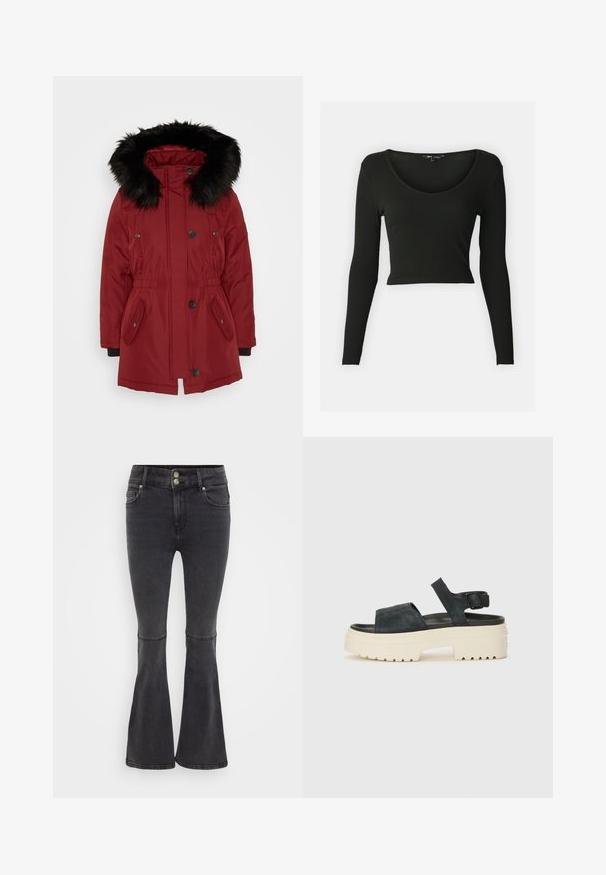 ONLY Petite ONLIRIS - Zimski plašč - syrah/black; Črn dolg rokav majica s kratkim krojem iz rebraste tkanine z globokim V-izrezom. Ima oprijete rokave in gladko teksturo.; Črne široke kavbojke iz denima, z visokim pasom, dvojno zapiranje na gumb in sprednjimi žepi z urejenim robom.; Črne nubuk sandale na platformi z debelim belim podplatom, širokim sprednjim trakom in nastavljivim zapenjanjem okoli gležnja. Teksturiran podplat za boljši oprijem.