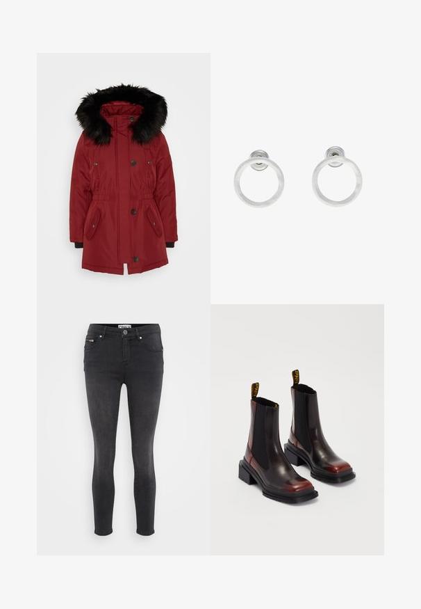 ONLY Petite ONLIRIS - Ziemas mētelis - syrah/black; Even&Odd Petite 2 PACK - Tops - light grey/black; Melni skinny džinsi, izgatavoti no denima. Iespējama priekšējā pogu aizdare un iešūta kabata jostasvietā. Gluda tekstūra ar minimālu izbalēšanu.; Dr. Martens MAYBOLE CHELSEA - Puszābaki ar platformu - black/cherry red; Sudraba metāla gredzenveida auskari ar matētu faktūru, ar apaļu dizainu un caurspīdīgu aizdari, lai nodrošinātu drošu valkāšanu.