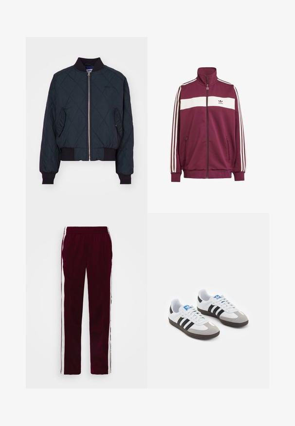 Κουβερτωμένο μπουφάν σε ναυτικό μπλε χρώμα, με κλείσιμο με φερμουάρ, ραμμένα μανίκια και τελείωμα, καθώς και πλευρικές τσέπες. Το ύφασμα έχει λεία υφή.; Μαρόν ζακέτα με λευκή οριζόντια ρίγα και τρεις λευκές ρίγες στα πλάγια. Διαθέτει ψηλό γιακά και δύο φερμουάρ πλάγια αξεσουάρ.; Λευκό στενό T-shirt από ύφασμα βαμβακιού, με στρογγυλή λαιμόκοψη και κοντά μανίκια, με ανοιχτό μπλε κεντητό λογότυπο στο μπροστινό μέρος.; Βουργουνδί παντελόνια αθλητικά με κορδόνι στη μέση, λευκές ρίγες στη πλευρά και στενή γραμμή. Κατασκευασμένα από μαλακό, ελαφρύ ύφασμα.; Αθλητικά παπούτσια με άσπρη δερμάτινη πάνω επιφάνεια, γκρι σουέτ μύτη και τρεις μαύρες ρίγες. Διαθέτουν μπλε λογότυπο στη γλώσσα και υφασμένο καουτσούκ σόλα.