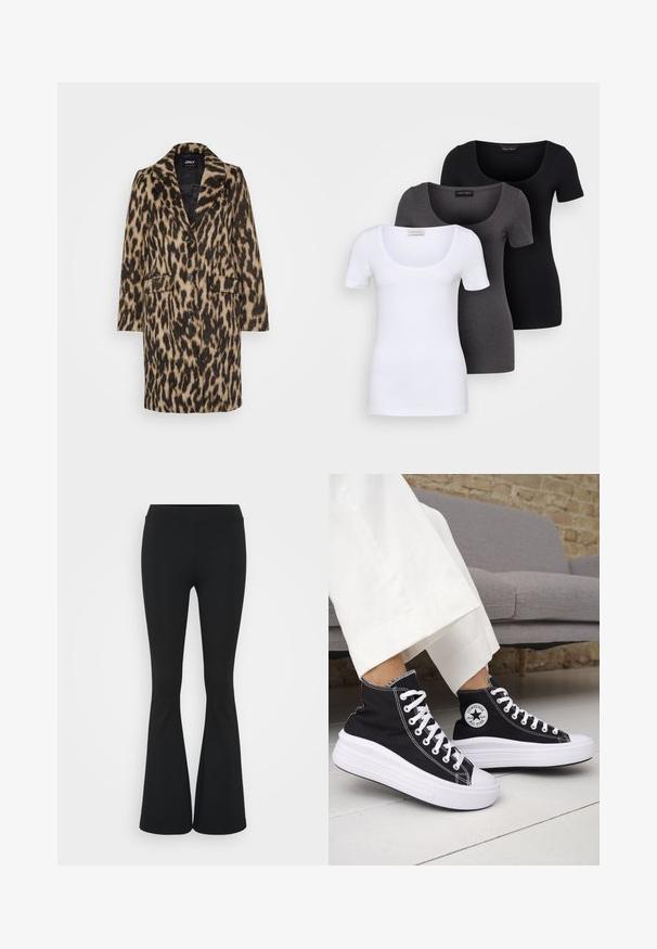 Leopardskinnet frakk laget av mykt pelsaktig materiale, med notched krage, frontbuttonlukking og to sidelommer.; Tre figurerte T-skjorter i hvit, grå og svart. Hver har en bred scoop-nakke og korte ermer. Laget av glatt, elastisk stoff.; Svarte flared bukser laget av elastisk stoff, med høy midje og en glatt tekstur. Buksene vidder ut fra kneet.; Svarte høye sneakers med hvite gummisåler og lisser. Har et rundt logo-merke og kontrasterende hvite sømmer. Laget av lerret.