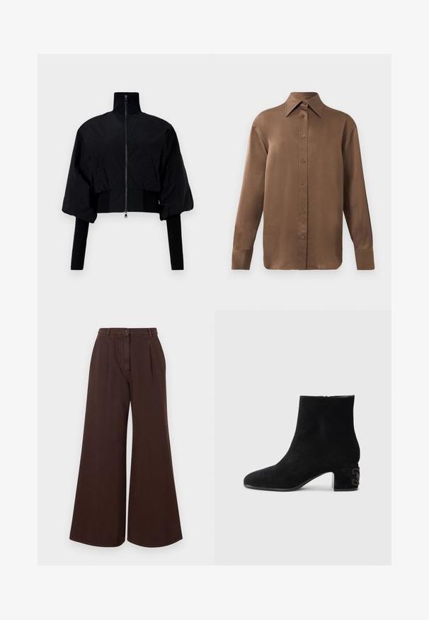 Black cropped jacket with a high collar, zip closure, and puffed sleeves. Features jersey accents along the cuffs and hem. Smooth texture.; Brown long-sleeve button-up shirt with pointed collar and cuffs, displayed against a plain white background.; High-waist wide-leg brown pants with button and zipper closure, belt loops, and front pleats.; Casadei MUNY - Ankle boots - black