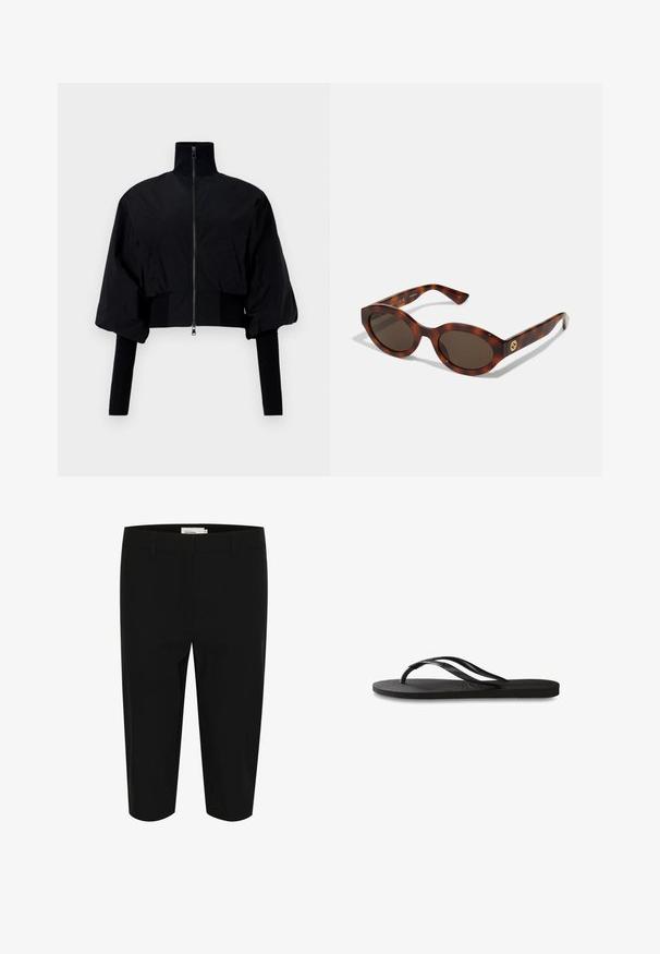 Čierna skrátená bunda s vysokým golierom, zipsovým uzáverom a vypuklými rukávmi. Obsahuje jersey akcenty pozdĺž manžiet a lemovania. Hladká textúra.; Biele tričko s krátkym rukávom a okrúhlym výstrihom, vyrobené z bavlny, s priliehavým strihom a čiernym logom značky vo vnútri goliera.; Čierne bermudy vyrobené z tkaninnej látky. Obsahujú dve predné vrecká a čistý pás s pútkami na opasok. Hladká textúra a upravený strih.; Čierne žabky s textúrovanou gumovou podrážkou, dvoma štíhlymi popruhmi a diskrétnym embosovaným logom na popruhu.; Žlté slnečné okuliare s okrúhlymi rámami, tmavými sklami a zlatými logovými detailmi na straniciach. Hladký plastový materiál, bez viditeľných vzorov.