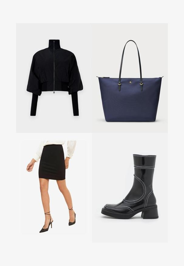 Melna apgriezta jaka ar augstu apkakli, rāvējslēdzējiem un pūstām piedurknēm. Iekļautas džersija akcenti pie piedurknēm un apakšmalas. Viegla tekstūra.; Melna garām piedurknēm augšdaļa, kas izgatavota no caurspīdīga, elastīga auduma. Ar piegriezuma detaļām gar sāniem un apaļu izgriezumu.; Melns pieguļošs mini svārki, gluda auduma, vidēja augstuma jostasvietas, kopā ar melniem augstiem papēžiem ar norakstiem ap potīti.; Melna lakota ādas anklets ar baltiem šuvumiem, noapaļota purngala un kvadrāta papēža. Iezīmes izliekti dizaina līnijas un gluda struktūra.; Tumši zila somiņa, izgatavota no teksturēta auduma, ar melnām ādas rokturiem un zelta krāsas aksesuāriem. Ar rāvējslēdzēja aizdari augšpusē.