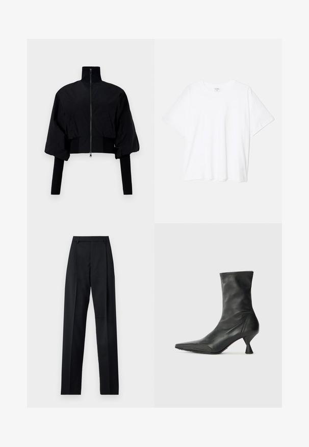 Black cropped jacket with a high collar, zip closure, and puffed sleeves. Features jersey accents along the cuffs and hem. Smooth texture.; White cotton t-shirt with short sleeves, round neckline, relaxed fit, and stitched hem. Label visible on the inside neck.; Black trousers made from smooth fabric featuring a high waist, wide legs, front pleats, and classic belt loops. No side pockets visible.; Black leather ankle boot with pointy toe, textured toe cap, and a slim, conical heel. Smooth surface with subtle stitching details.