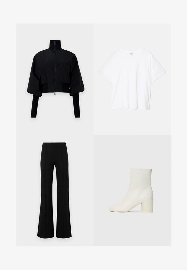 Black cropped jacket with a high collar, zip closure, and puffed sleeves. Features jersey accents along the cuffs and hem. Smooth texture.; White cotton t-shirt with short sleeves, round neckline, relaxed fit, and stitched hem. Label visible on the inside neck.; Black flared pants with a high waist, made of stretchy fabric. Features vertical seam details on the front and a smooth texture.; White leather ankle boot with rounded toe and chunky cylindrical heel. Smooth texture, minimal design, no visible hardware or patterns.