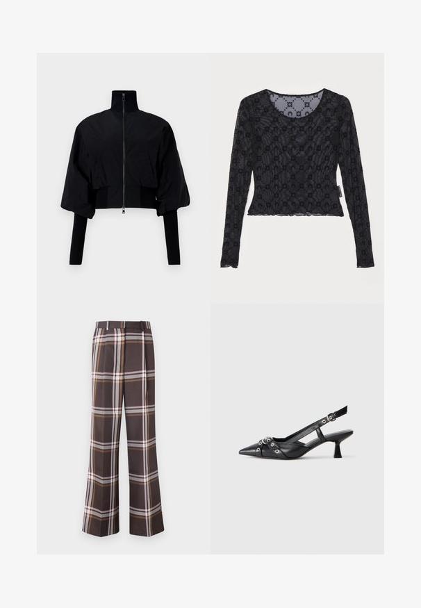 Sort cropped jakke med høj krave, lynlås lukning og puffede ærmer. Har jersey-detaljer langs manchetterne og kanten. Glat tekstur.; Sort langærmet top lavet af gennemsigtig, tekstureret stof med et hævet blomstermønster og en rund halsudskæring med en bølget kant.; Stine Goya FRONT PLEAT LONG STRAIGHT PANTS CASUAL TAILORING - Bukser - dark brown; Sort lædersandal med spids tå, dekorative stropper med metaløjer og en lav blokhæl. Struktureret overflade.