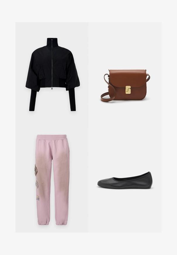 Jachetă neagră scurtă cu guler înalt, închidere cu fermoar și mâneci bufante. Prezintă accente din jerseu pe manșete și tiv. Textură netedă.; Tricou alb cu mânecă scurtă, confectionat dintr-un material texturat. Gât rotund, tăietură regulară și detalii subtile de cusătură. Fără modele sau grafice.; Pantaloni de trening roz cu talie elastică, cu petice decorative în formă de diamant pe partea stângă și manșete elastice la glezne.; Balerini din piele neagră, cu vârf rotund, textură netedă, detalii de cusătură minimale și un design al tălpii flexibil.; Geantă de piele maro cu închidere tip capac, accesorii de culoare aurie, curea de umăr și o textură netedă. Formă compactă și rectangulară.