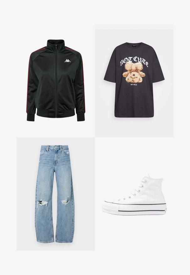 Crna zip-up trenirka napravljena od glatkog materijala, sa crvenim bočnim trakama i bijelim logotipom na prsima. Rebrasti rukavi i donji rub.; Crna oversized majica s grafikom medvjeda i natpisom "NIJE SLATKO, ALI DIVLJE" u podebljanim, bijelim slovima. Pamuk.; Svijetloplave, visoko-strukirane traperice. Imaju široke nogavice, dva razderana područja na koljenima i klasičan stil s pet džepova.; Bijela visoka platnena tenisica s crnom gumenom potplatom, prednjim gumenim zaštitnikom prstiju i šest rupa za vezanje, s čistim, minimalističkim dizajnom.