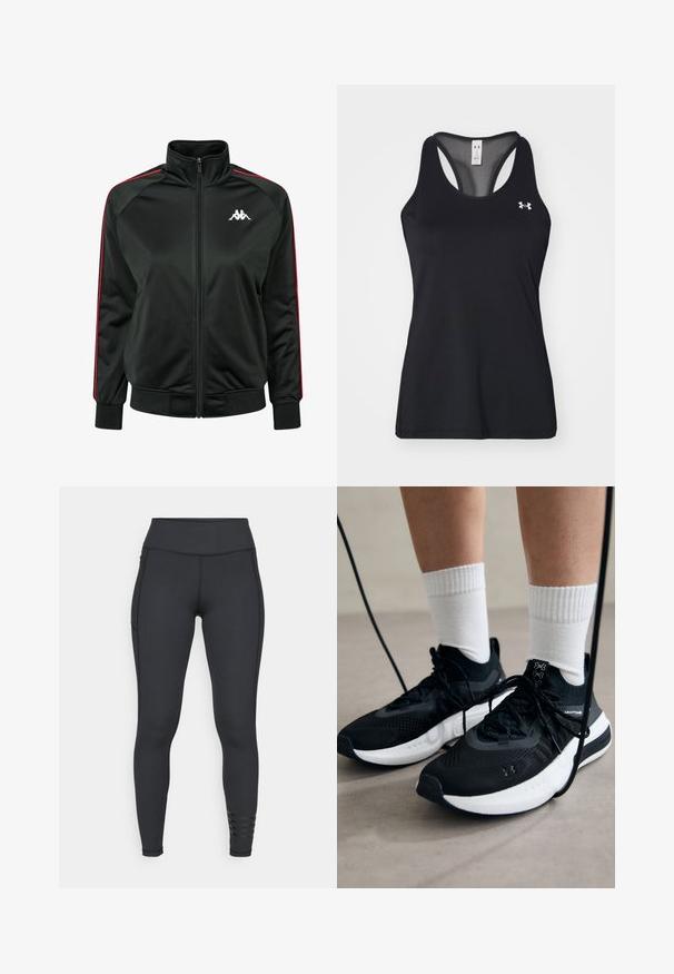 Juodas zip-up treniruočių džemperis, pagamintas iš lygaus audinio, su raudonomis šoninėmis juostomis ir baltu logotipu ant krūtinės. Riešo ir apatinės dalies suvaržytos.; Juodas sportinis marškinėlis be rankovių, pagamintas iš tekstūruotos medžiagos, su lenktu nugara ir subtiliu logotipo akcentu ant krūtinės. Lengvas ir pralaidus orui.; Juodos legginsai, pagaminti iš tamprios medžiagos, su aukštu juosmeniu, elegantišku dizainu ir juostelėmis šalia kulkšnies.; Juodi sportiniai batai su tekstūruotu audiniu, balta padu ir juodais raiščiais. Dėvimi su baltais raištiniais kojiniais, stovint lengvame paviršiuje.