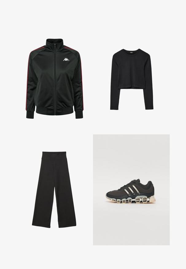 Schwarze Zip-Jacke aus glattem Material, mit roten Seitenstreifen und einem weißen Logo auf der Brust. Rippbündchen und -saum.; Schwarzes, langärmliges, kurz geschnittenes Oberteil mit Rundhalsausschnitt, schlichter Gestaltung und leicht abgerundetem Saum.; Schwarze weit geschnittene Hosen mit einem hohen elastischen Bund, weichem Stoff und lockerer Passform, geeignet für legere Anlässe oder entspannte Umgebungen.; Schwarzer Sportschuh mit einer strukturierten Oberseite, drei silbernen Streifen und einer markanten Dämpfungssohle mit mehreren integrierten Sektionen.