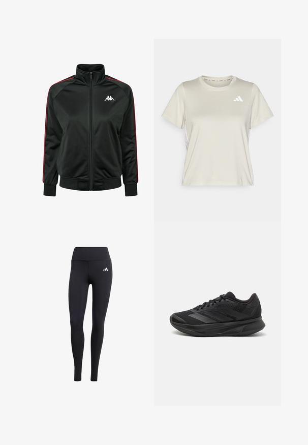 Fekete, cipzáras sportdzseki sima anyagból, piros oldalsávokkal és fehér logóval a mellrészen. Rátett bordás mandzsetták és hem.; adidas Performance TRAIN ESSENTIALS 3STRIPES WORKOUT - Sportfelső - alumina/white; Fekete leggings elasztikus anyagból, magas derékkal és egy kis fehér logóval, sima, matt felülettel.; Fekete futócipő lélegző hálós felsőrésszel, kerek orral, stílusos dizájnnal, texturált részletekkel és párnázott talppal a kényelem érdekében.