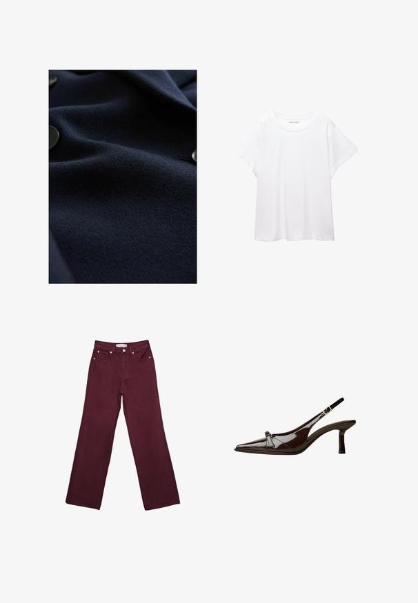 Marineblaues Wollgewebe mit strukturierten Oberflächen und subtiler Glanz. Beinhaltet runde schwarze Knöpfe entlang des Randes, die ein elegantes Design zeigen.; Weißes T-Shirt aus weichem, leichtem Stoff. Mit runder Halslinie und kurzen, weit geschnittenen Ärmeln für einen lässigen Sitz. Keine sichtbaren Muster.; Burgunderfarbene hochtaillierte Jeans mit geradem Bein-Design, ausgestattet mit vorderen Taschen, einem Knopfverschluss und metallischen Akzenten in Kupferfarbe.; Braune Lackleder-Slingback-Schuhe mit spitzem Zehenbereich, niedrigem Absatz und einer dekorativen Schleifenakzent an der Vorderseite. Glatte, glänzende Textur.