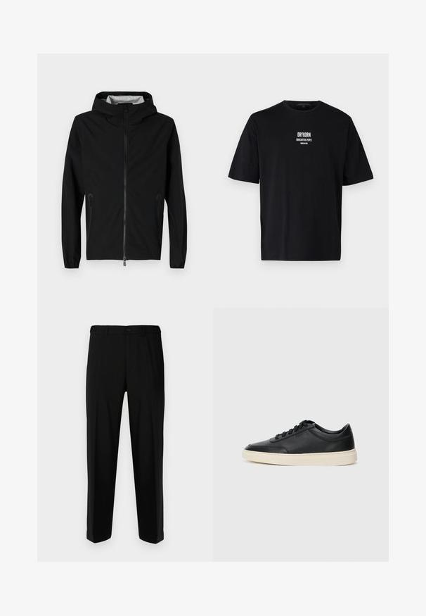 Veste légère noire avec capuche. Dotée d'une fermeture éclair à l'avant et de poches latérales, elle est fabriquée en tissu lisse et durable. L'intérieur a une doublure à motif.; T-shirt en coton noir à manches courtes et col rond. Présente un logo en texte blanc "DRYKORN FOR BEAUTIFUL PEOPLE" sur le devant.; Pantalon noir en tissu lisse, présentant une coupe droite, deux poches avant et une fermeture à glissière avec bouton.; Baskets en cuir noires à tiges basses avec lacets noirs et semelle ivoire, présentées en profil latéral sur fond blanc.