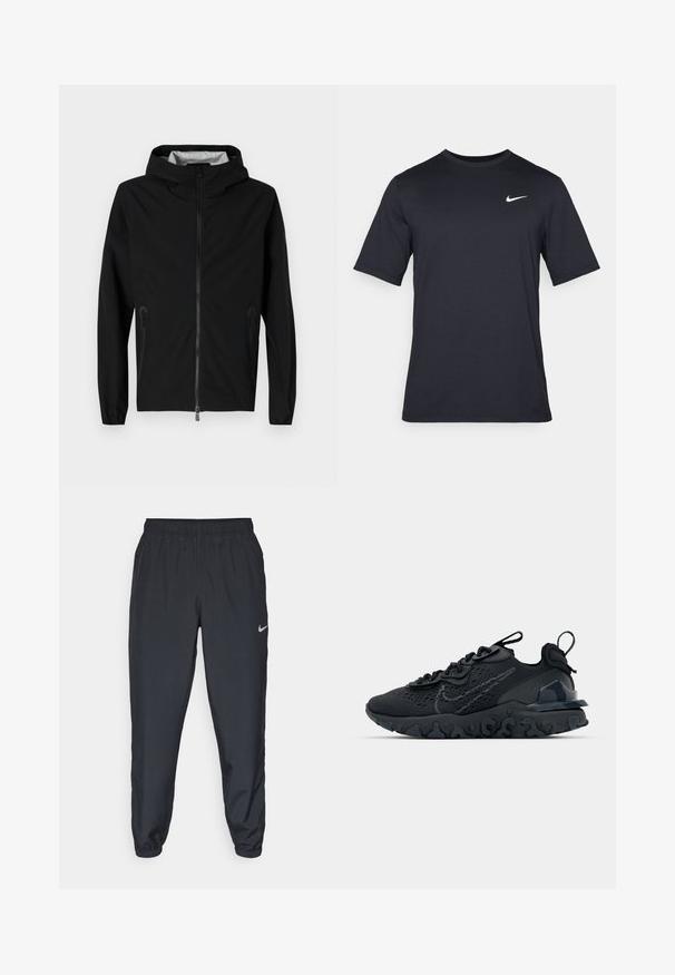 Svart lett jakke med hette. Har frontglidelås og sidelommer, laget av glatt og slitesterkt stoff. Innvendig har den et mønstrete fôr.; Svart kortermet Nike t-skjorte laget av glatt stoff, med en hvit swoosh-logo på øvre venstre side, rund hals.; Svarte joggebukser laget av lett stoff med elastisk midje, ankelmanchetter og en diskret Nike-logo på venstre side.; Svart treningssko med et pustende nettobert overdel, teksturerte detaljer og en bølget gummisåle. Har reflekterende logo og snøresystem.