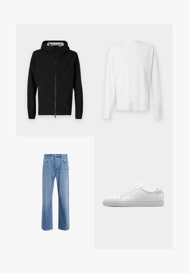 Giacca nera leggera con cappuccio. Presenta una cerniera frontale e tasche laterali, realizzata in un tessuto liscio e resistente. L'interno ha un rivestimento a motivi.; Camicia bianca in cotone a maniche lunghe con scollatura rotonda, spacchi laterali in fondo e una texture liscia, mostrata da dietro.; Jeans in denim blu chiaro con design a gamba dritta, cinque tasche, chiusura con bottone, leggero sbiadimento e dettagli di cucitura a contrasto.; Sneaker bianco con tomaia in pelle liscia e profilo basso. Presenta una punta arrotondata, sei occhielli e una suola in gomma testurizzata.