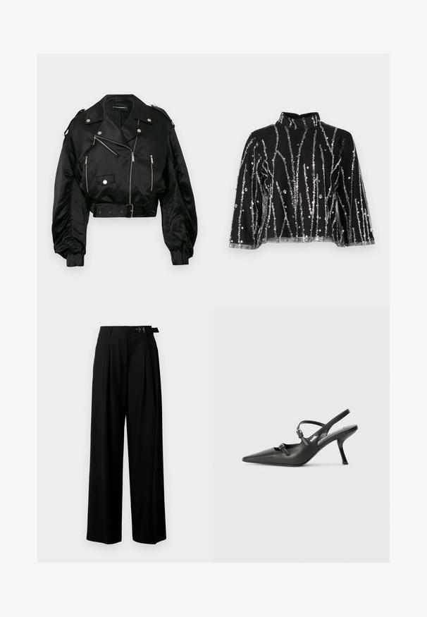 Black cropped jacket made of satin, featuring a classic biker design, silver zippers, snap buttons, and puffed sleeves with a belted waistband.; Black cropped top with high neck, featuring silver sequined vertical lines, sheer sleeves, and textured fabric.; Black wide-leg trousers with a high waist, pleats at the front, and a belt featuring a buckle. Made from smooth, lightweight fabric.; Black leather slingback heels with a pointed toe, slender heel, and decorative buckle detail on the vamp. Smooth texture and sleek design.